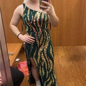 Green and gold zebra striped one shoulder prom dress long with slit